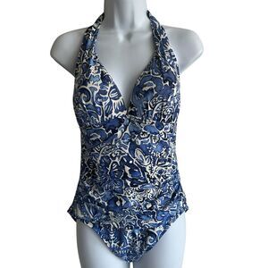 Lauren Ralph Lauren Swimsuit Sz 6 One Piece Tropic Floral Halter Blue & White